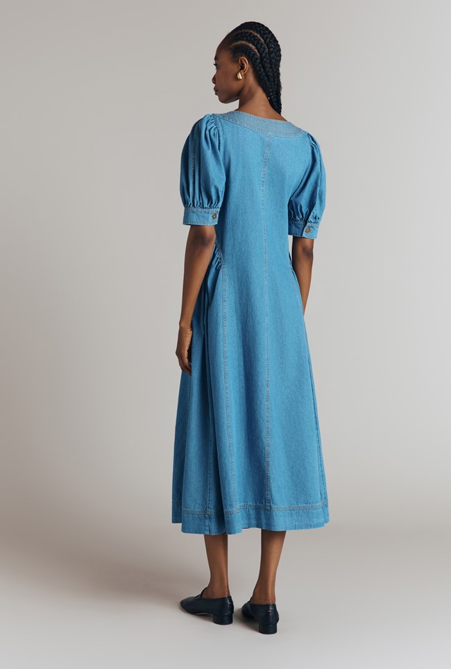 Agnes Denim Puff Sleeve Seamed Midi Dress