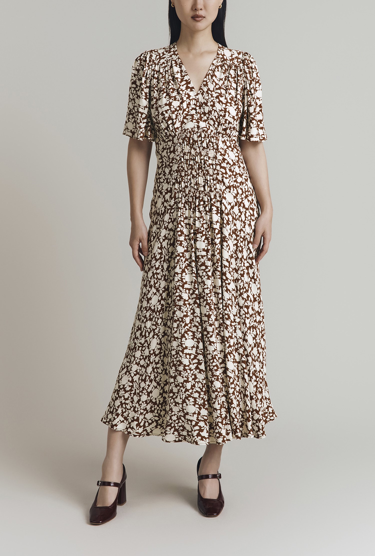 Minnie Russet Floral Shirred Midi Tea Dress | Ghost London