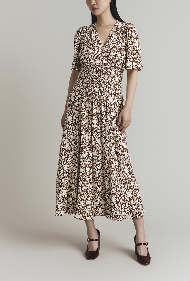 Minnie Crepe Printed Shirred Tea Dress