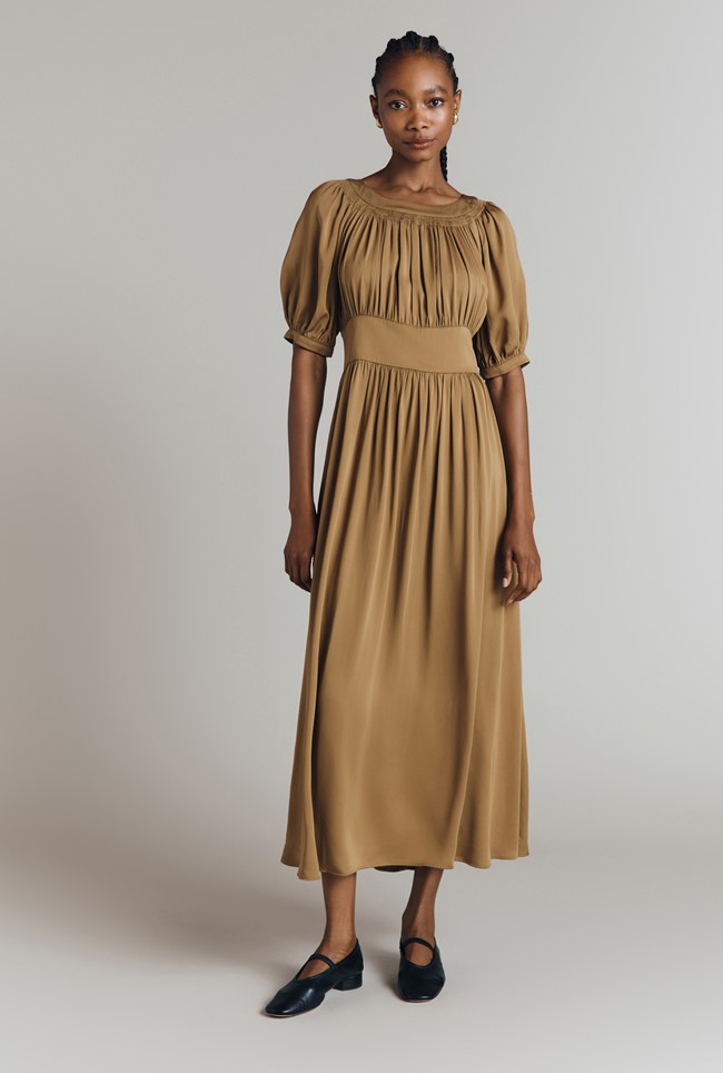 Anouk Viscose Shirred Neck Midi Dress