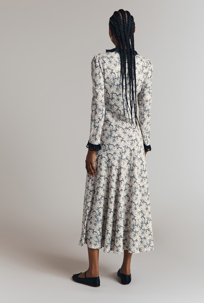 Frida Printed Crepe Lace Trim Midi Dress