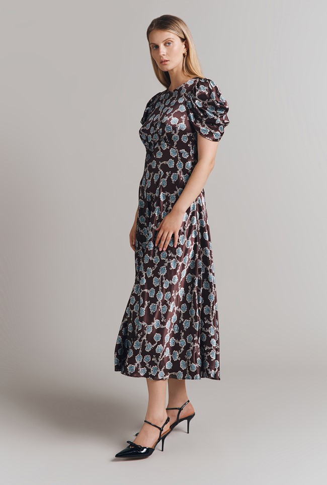 Beatrix Printed Floral Satin Bias Cut Dress