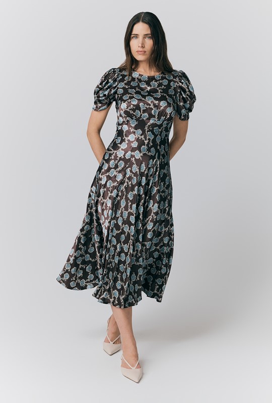 Beatrix Printed Floral Satin Bias Cut Dress