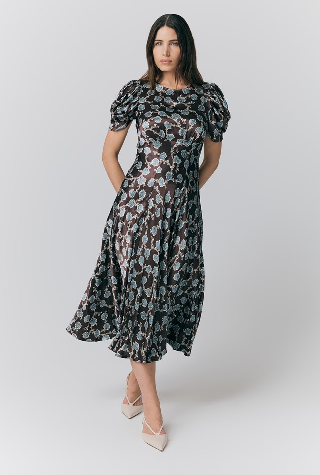 Beatrix Printed Floral Satin Bias Cut Dress