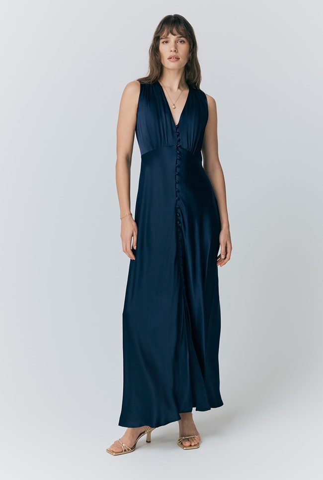 River V Neck Button Satin Maxi Dress