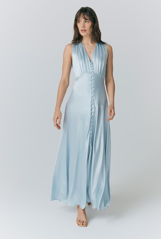 River V Neck Button Satin Maxi Dress