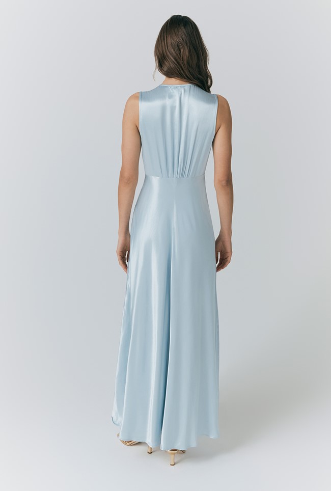 River V Neck Button Satin Maxi Dress