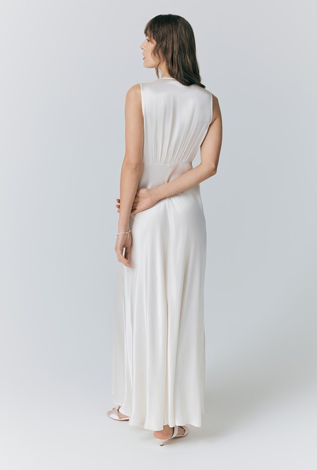 River V Neck Button Satin Maxi Dress