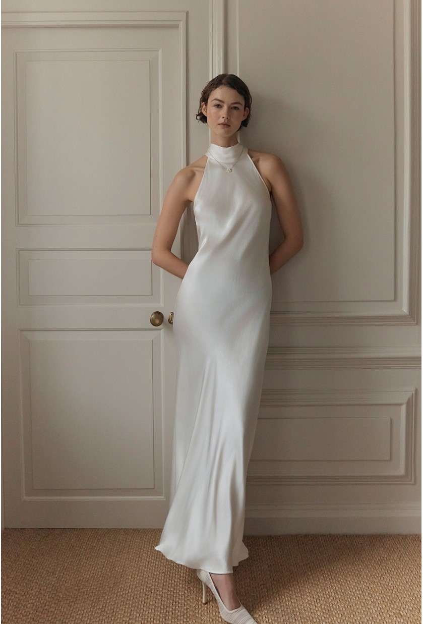 slim fit dress slacks White Silk Bridal Dress 100% Mulberry – Halter Bias Cut – Rimmba