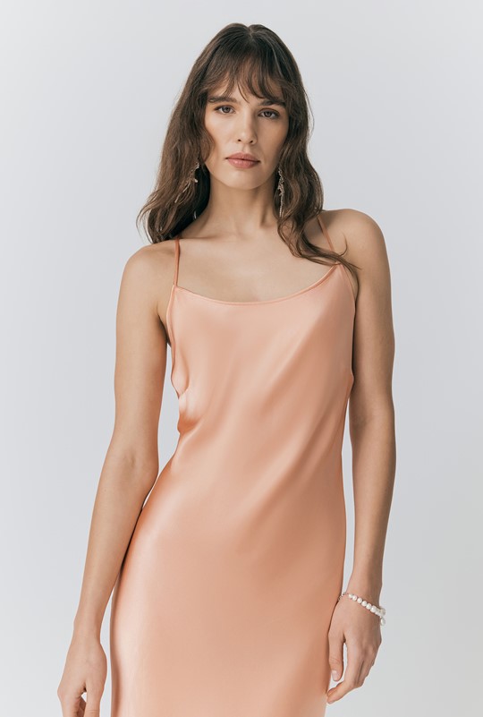peach spaghetti strap dress with a deep backless Peach Lace Spaghetti Straps Ruffled Tulle Trendy Prom Wedding Dress