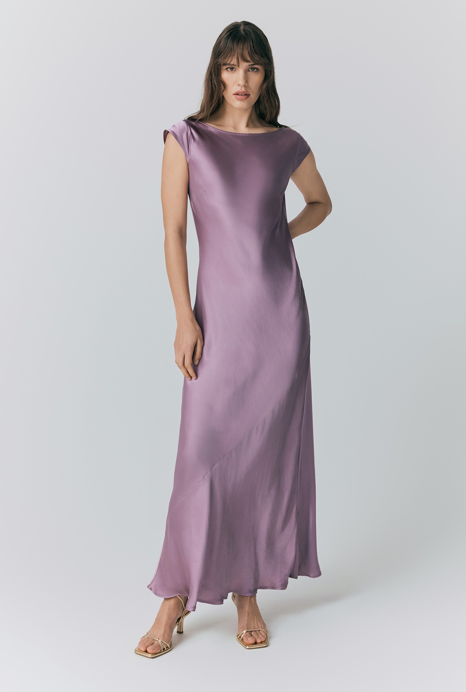 Averie Purple Boat Neck Satin Maxi Dress Ghost London
