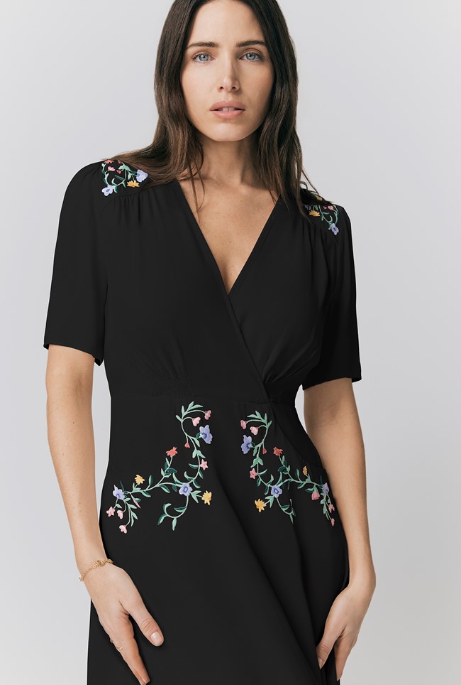 Maeve Embroidered Crepe Midi Tea Dress