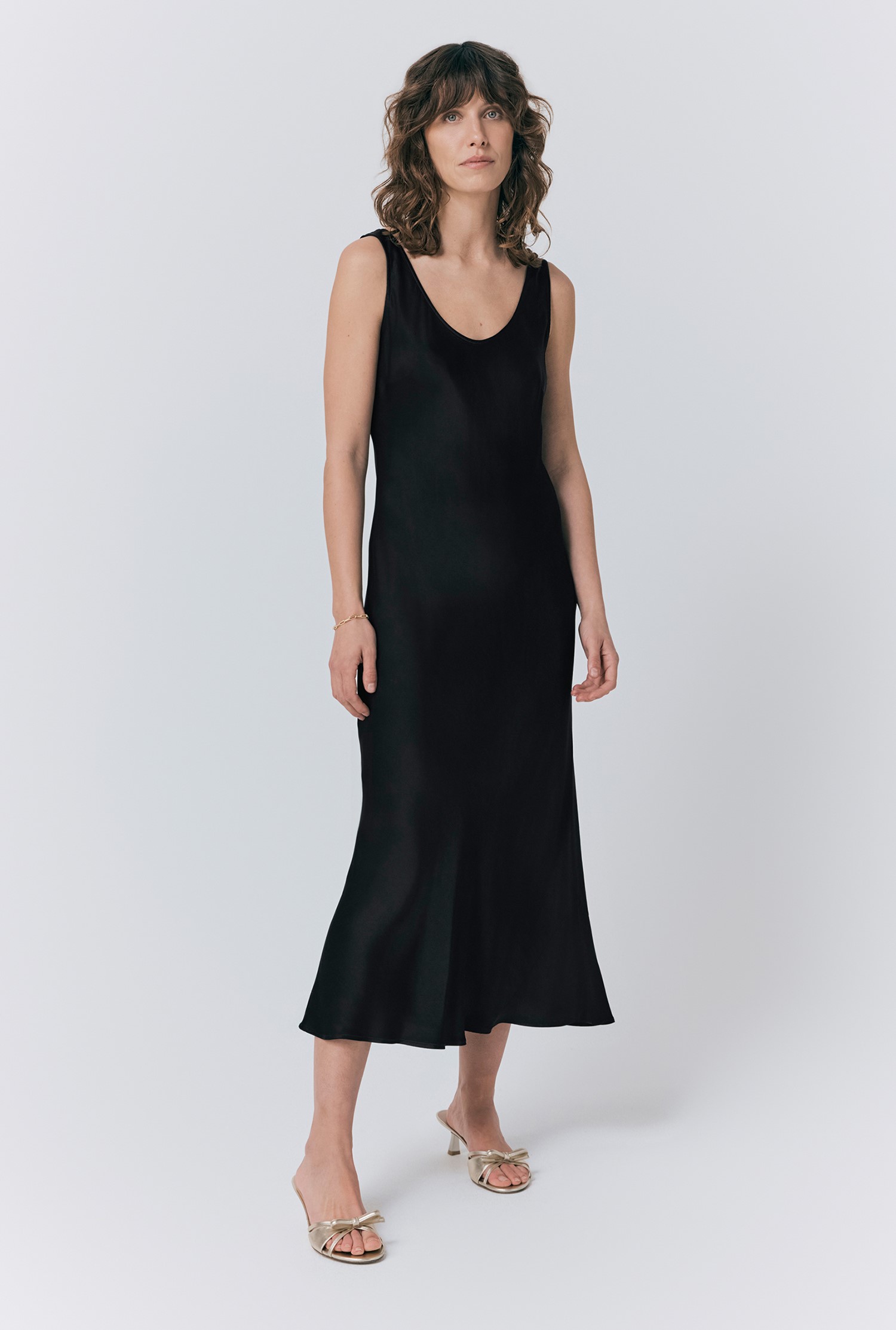 Palm Black Satin Slip Midi Dress | Ghost London