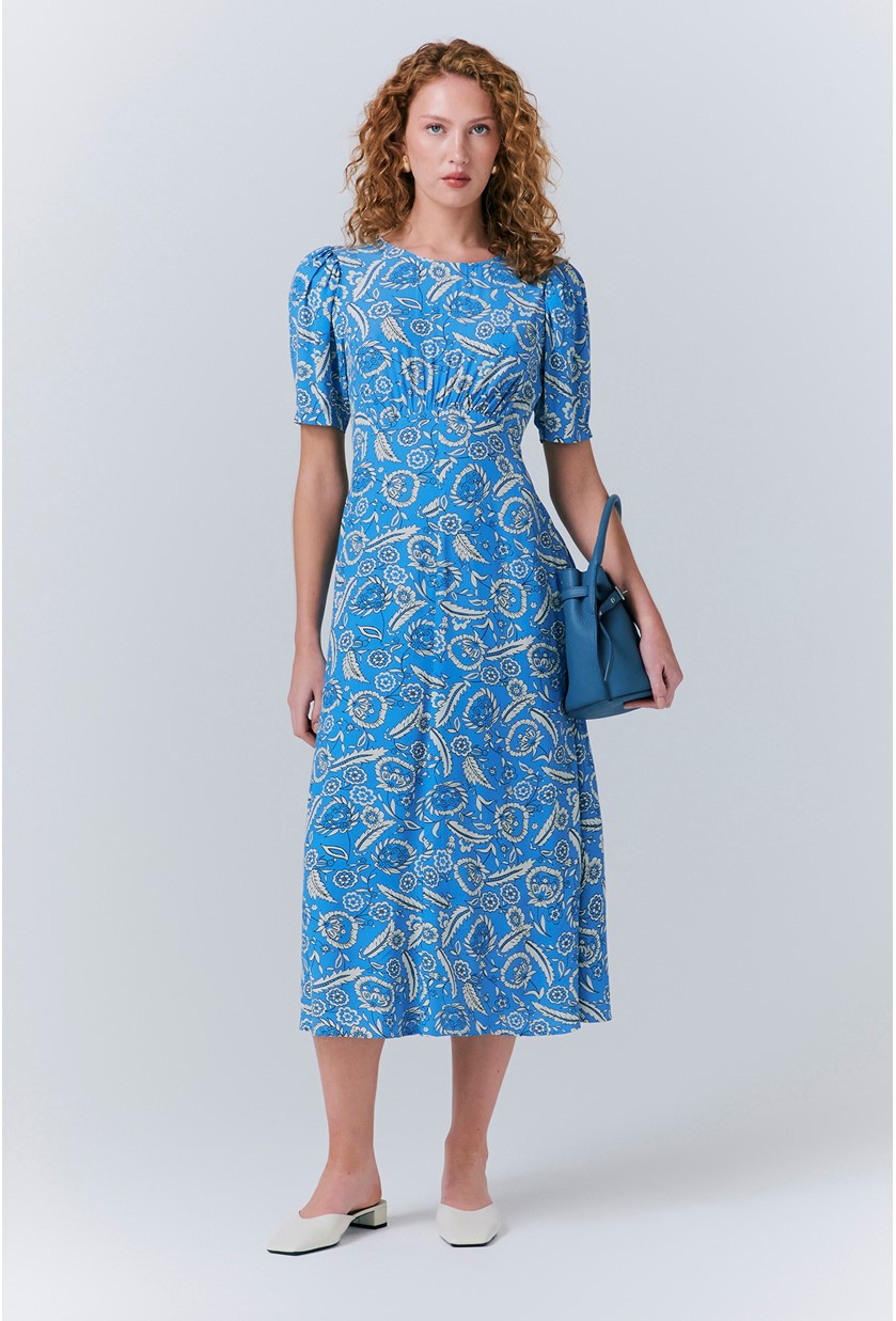 ワンピース Lace Trimmed Floral Dress powder blue M Esme Blue Mono Floral Midi Dress | Ghost London