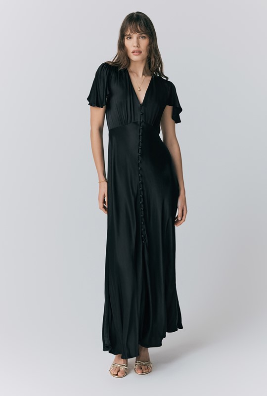 Delphine Button Satin Maxi Dress