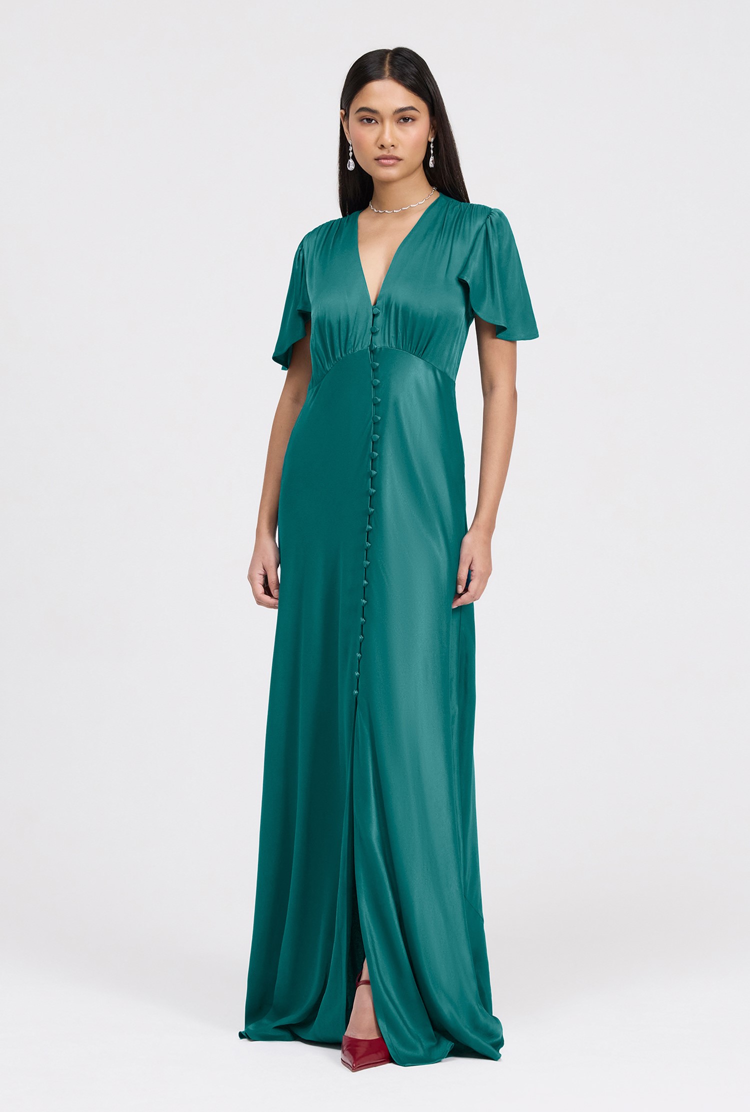 An image depicting Ghost Delphine Button Through Satin Maxi Dress