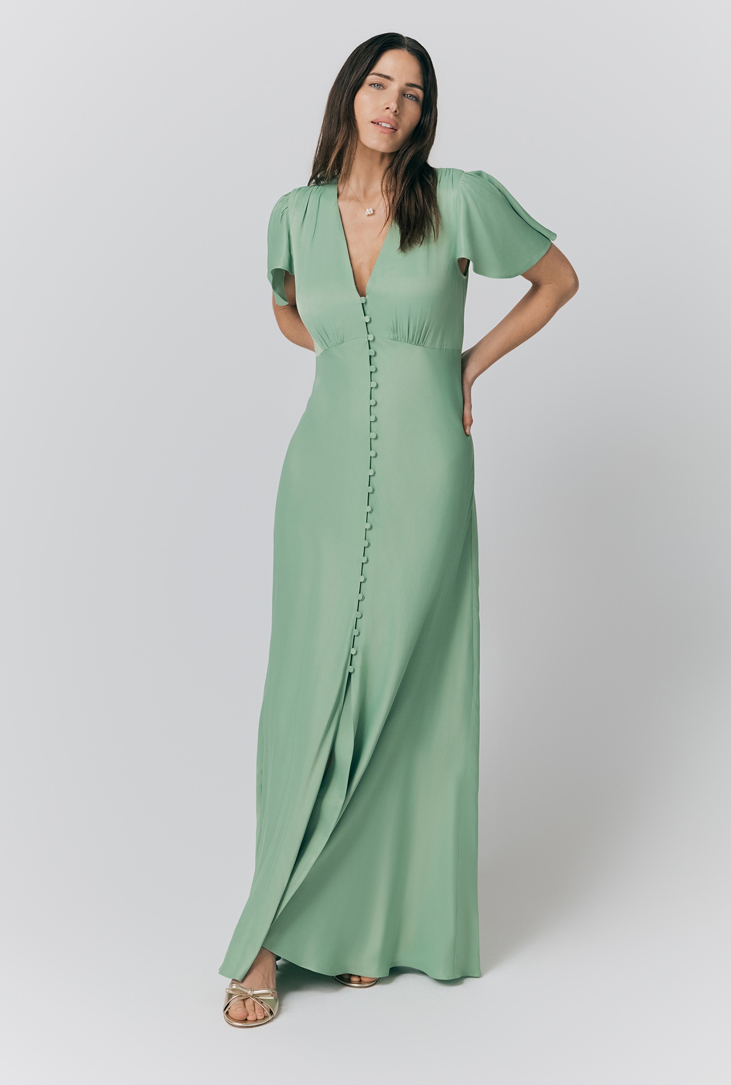 Delphine Sage Green Button Satin Maxi Dress Ghost London