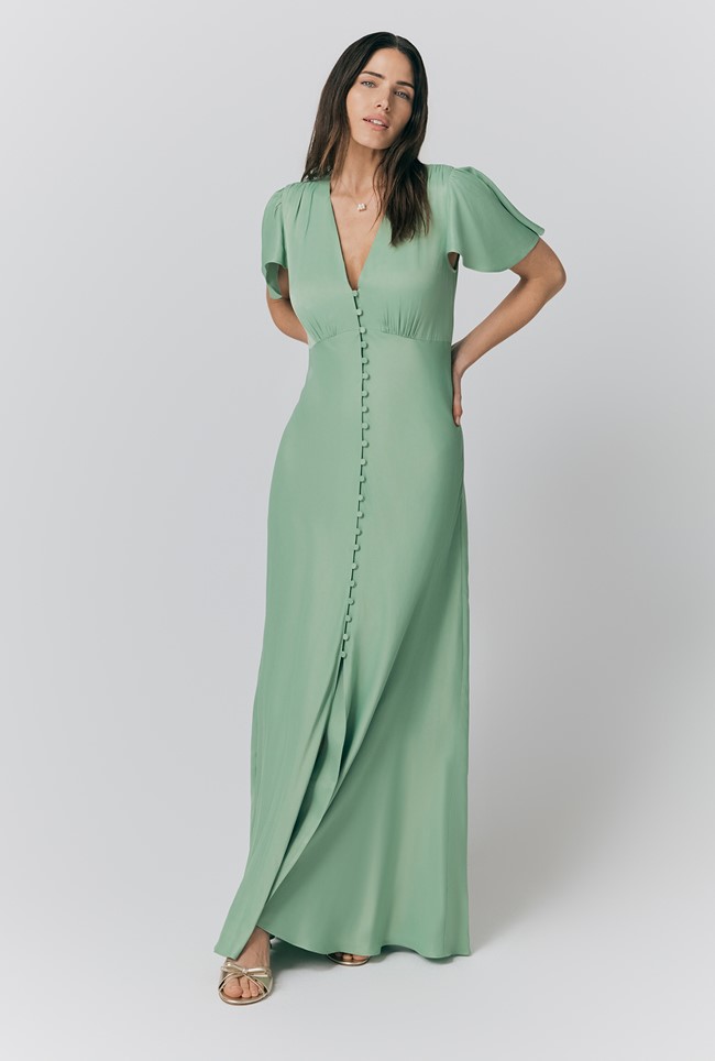 Delphine Button Satin Maxi Dress