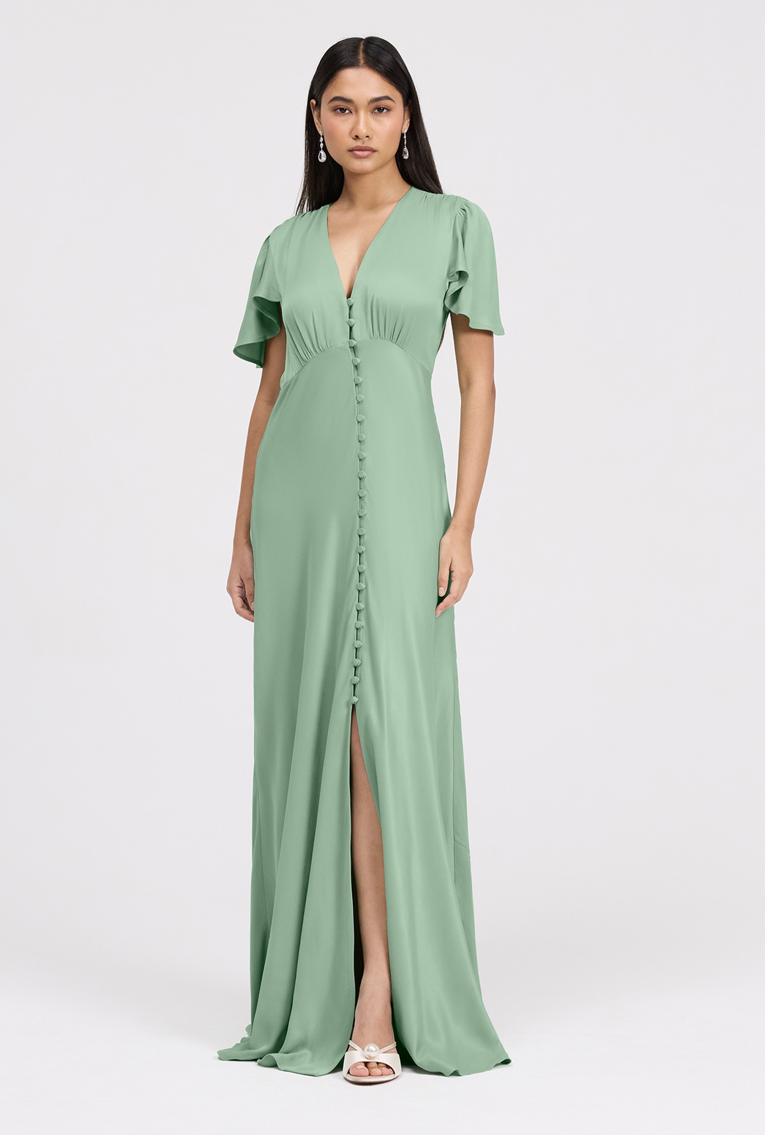 Delphine Timeless Sage Green Button Up Satin Maxi Dress | Ghost London