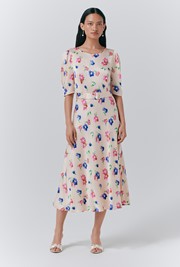 Lenora Satin Floral Belted Midi Dress
