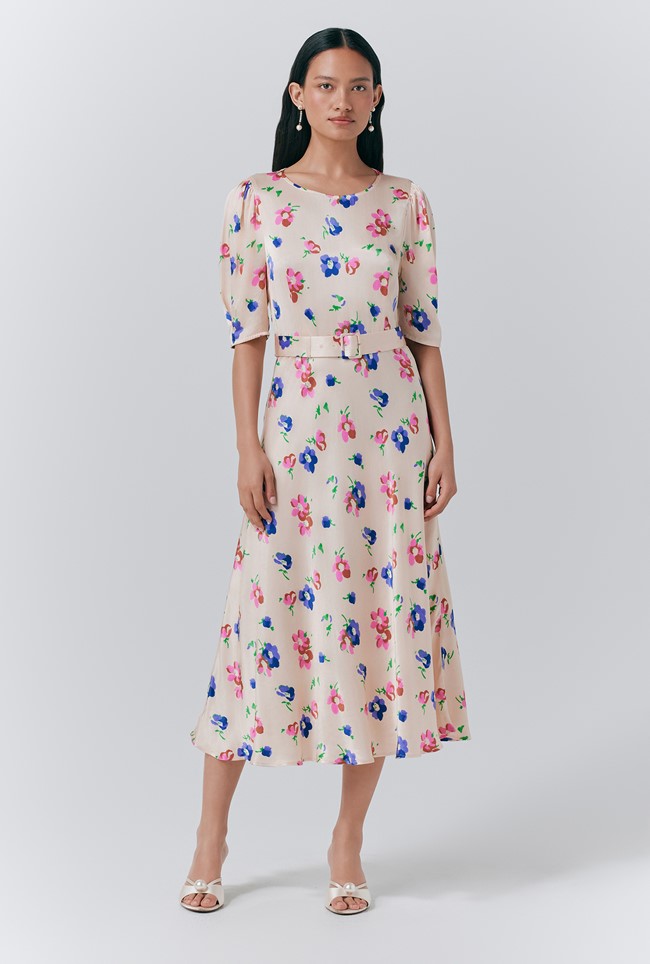 Lenora Satin Floral Belted Midi Dress