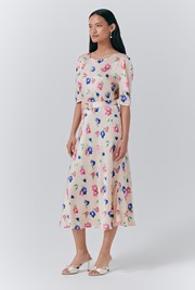Lenora Satin Floral Belted Midi Dress