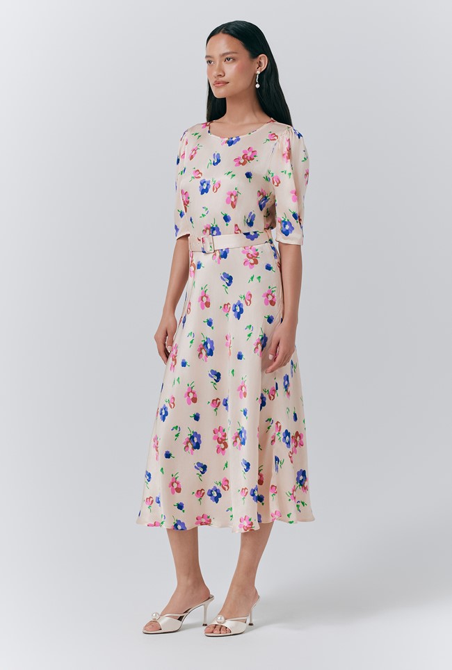 Lenora Satin Floral Belted Midi Dress