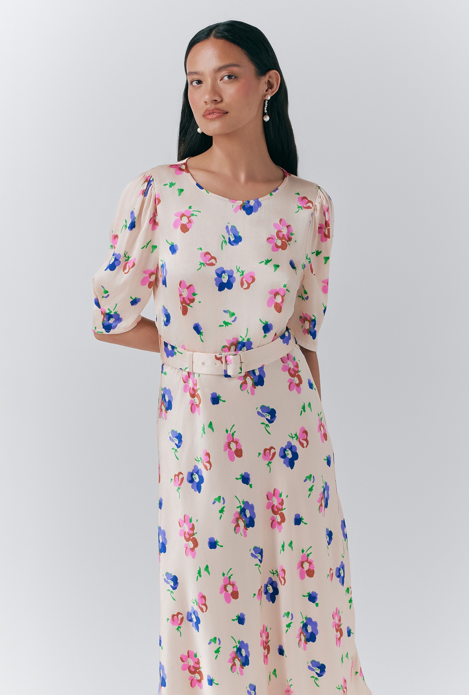 Lenora Satin Floral Belted Midi Dress | Ghost London