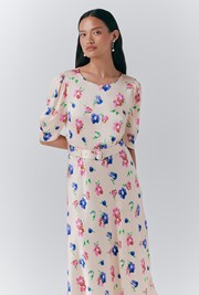 Lenora Satin Floral Belted Midi Dress
