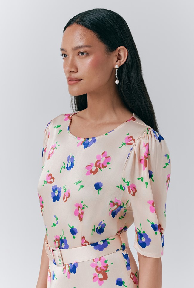 Lenora Satin Floral Belted Midi Dress