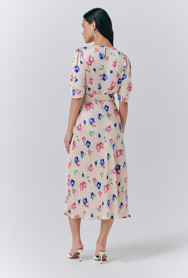 Lenora Satin Floral Belted Midi Dress