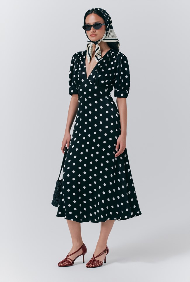 Alma Crepe Polka Dot Midi Dress