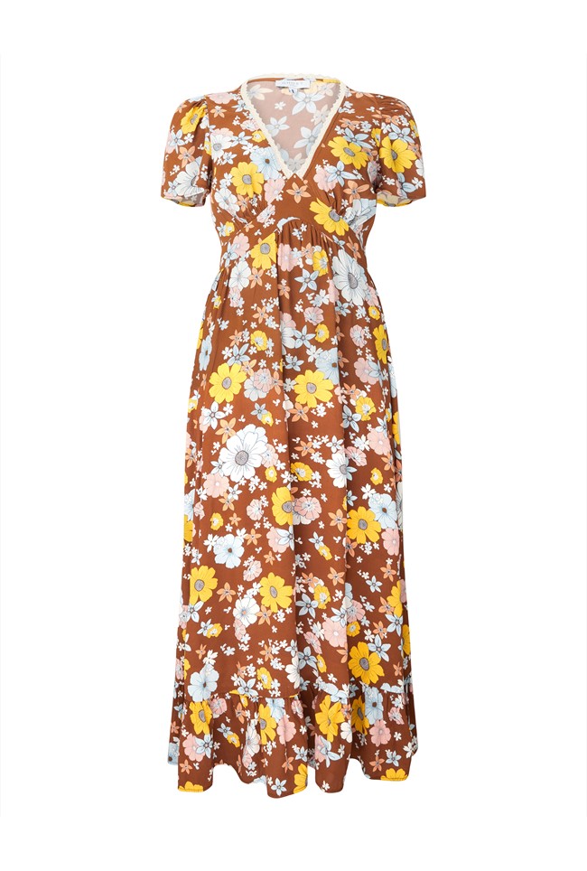 Palmer Crepe Floral Lace Trim Midi Dress