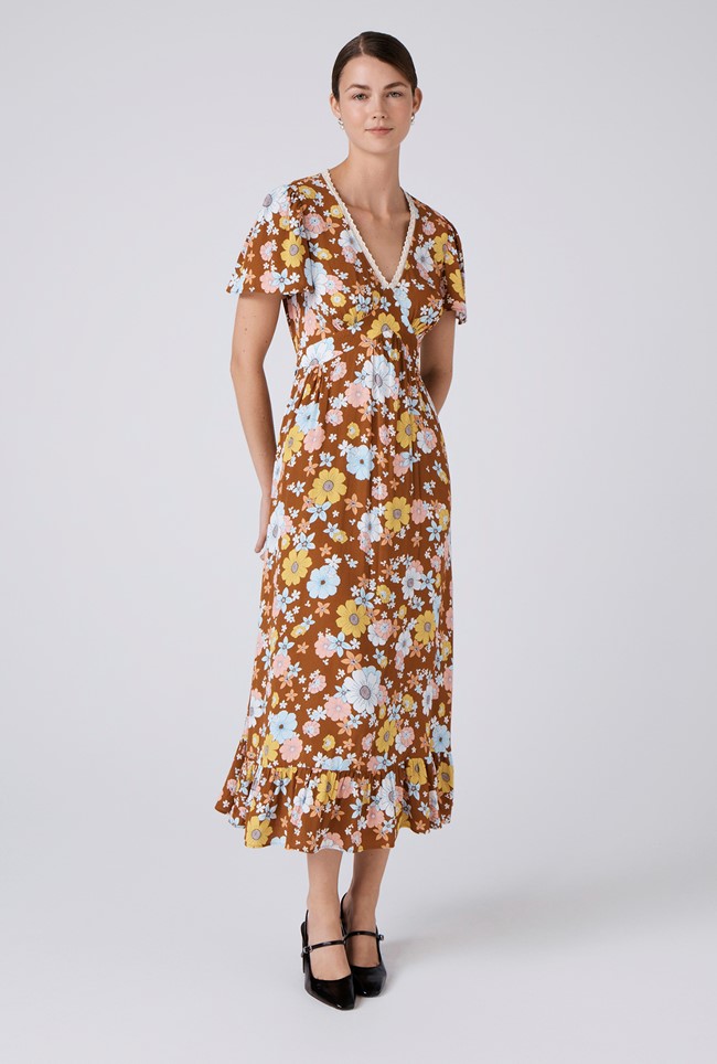 Palmer Crepe Floral Lace Trim Midi Dress