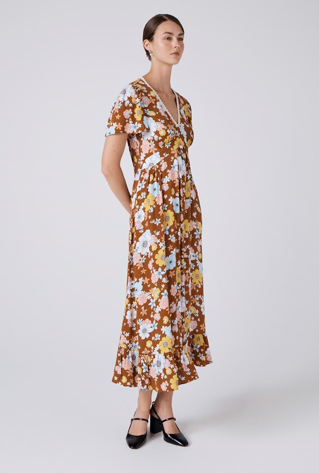 Palmer Crepe Floral Lace Trim Midi Dress