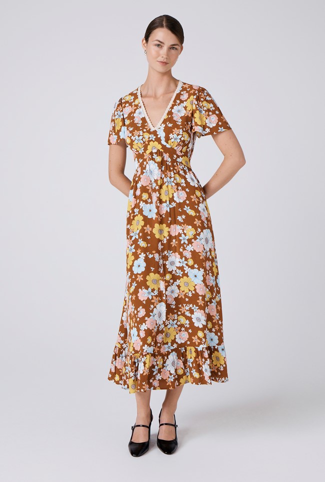 Palmer Crepe Floral Lace Trim Midi Dress