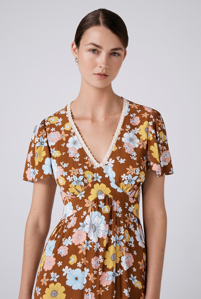 Palmer Crepe Floral Lace Trim Midi Dress