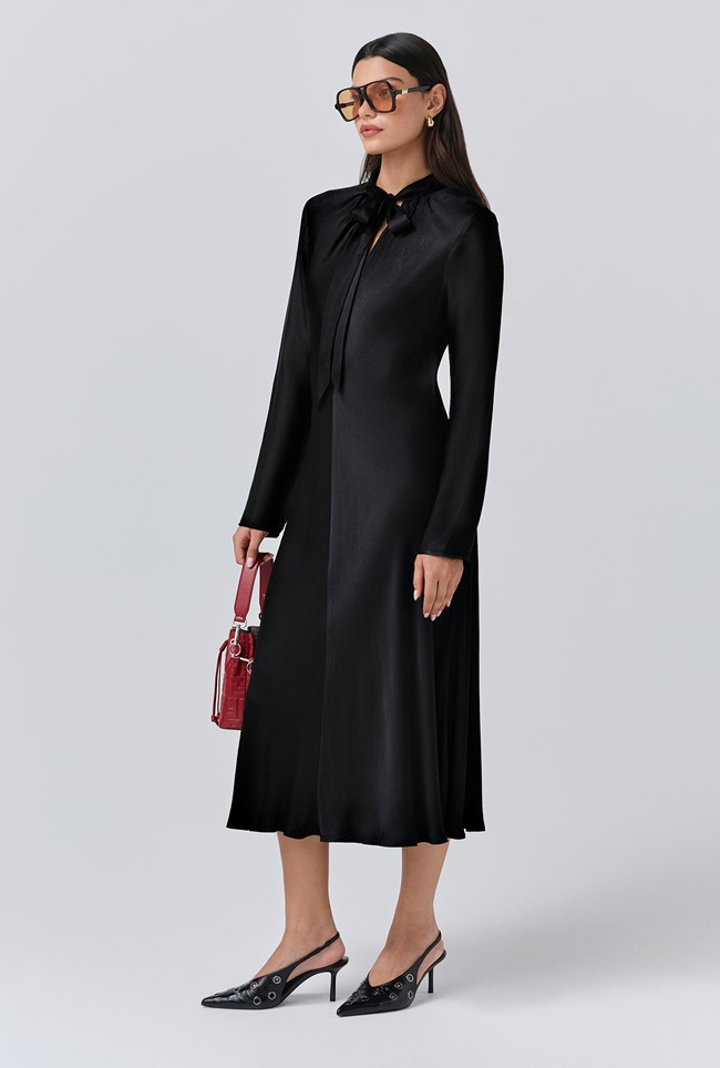 Stephanie Satin Tie Neck Midi Dress