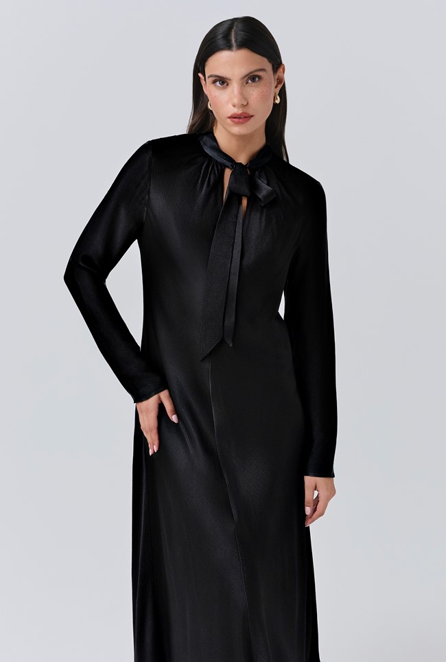 Stephanie Satin Tie Neck Midi Dress