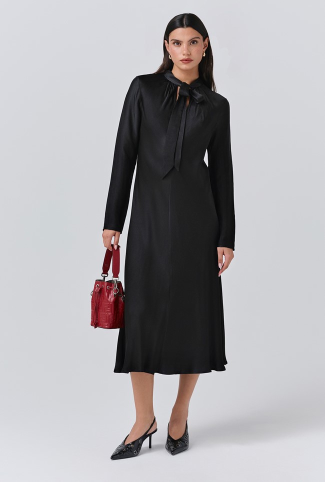 Stephanie Satin Tie Neck Midi Dress