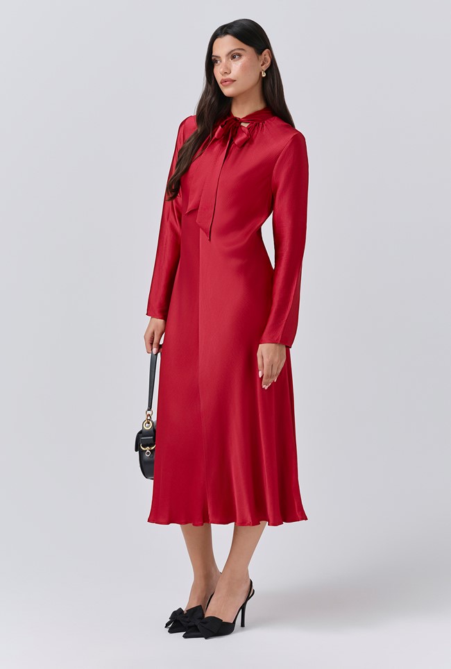 Stephanie Satin Tie Neck Midi Dress