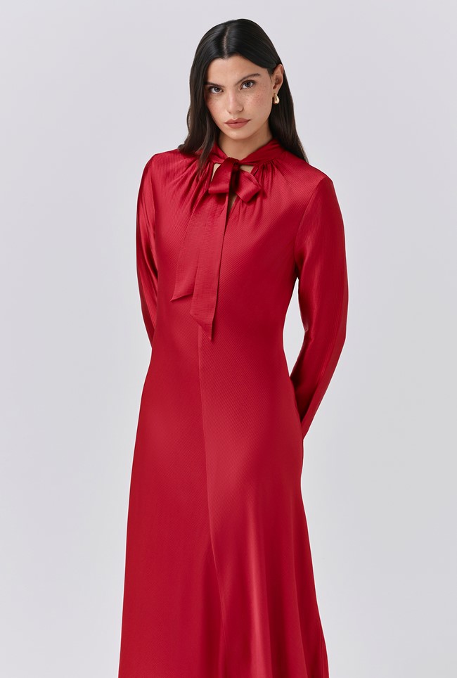 Stephanie Satin Tie Neck Midi Dress
