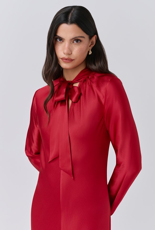 Stephanie Satin Tie Neck Midi Dress
