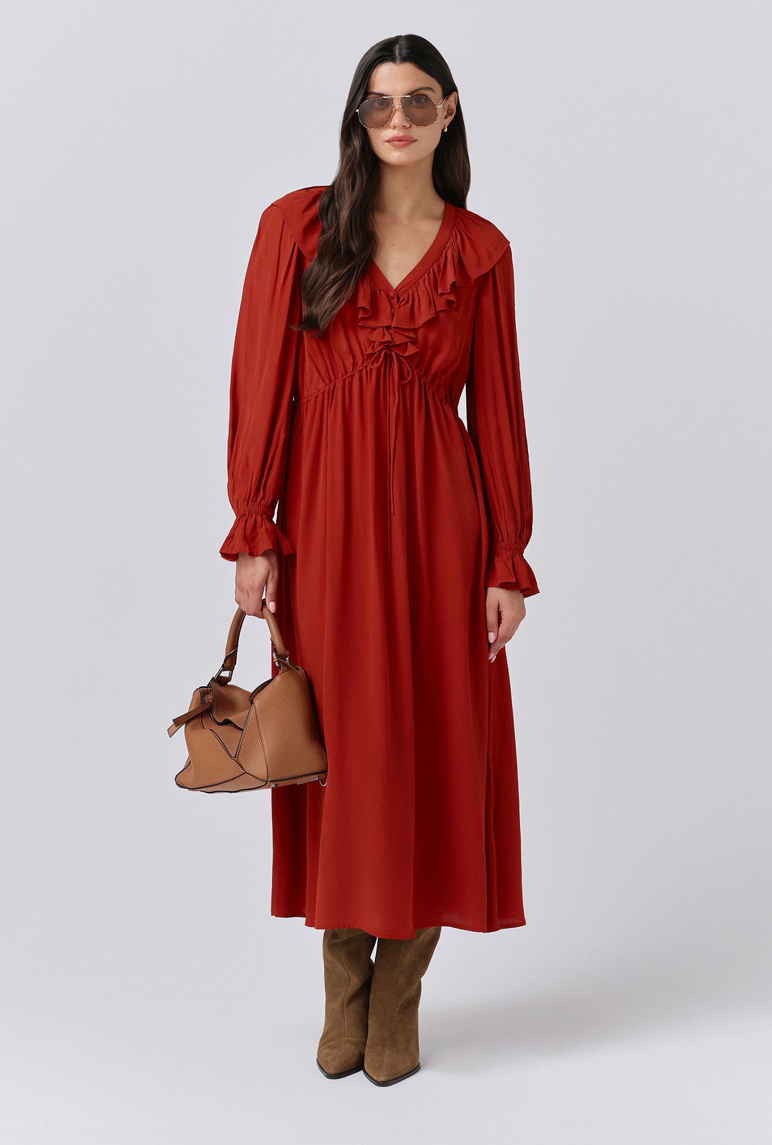 An image depicting Ghost Aurora Crepe Tie Waist Midi Dress