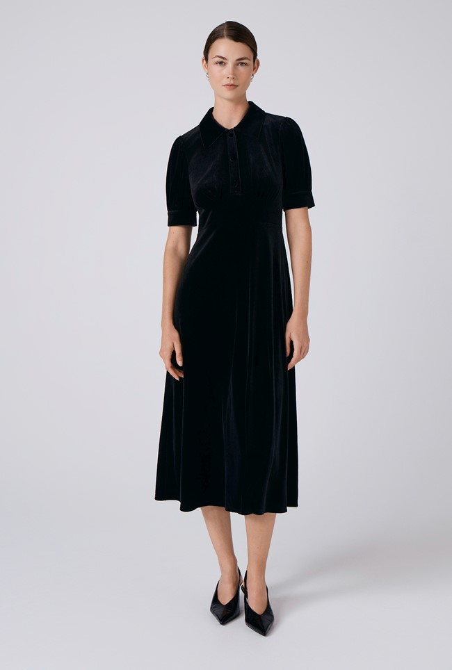 Wilma Velvet Collared Neck Midi Tea Dress