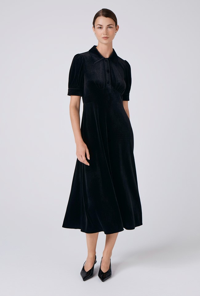 Wilma Velvet Collared Neck Midi Tea Dress