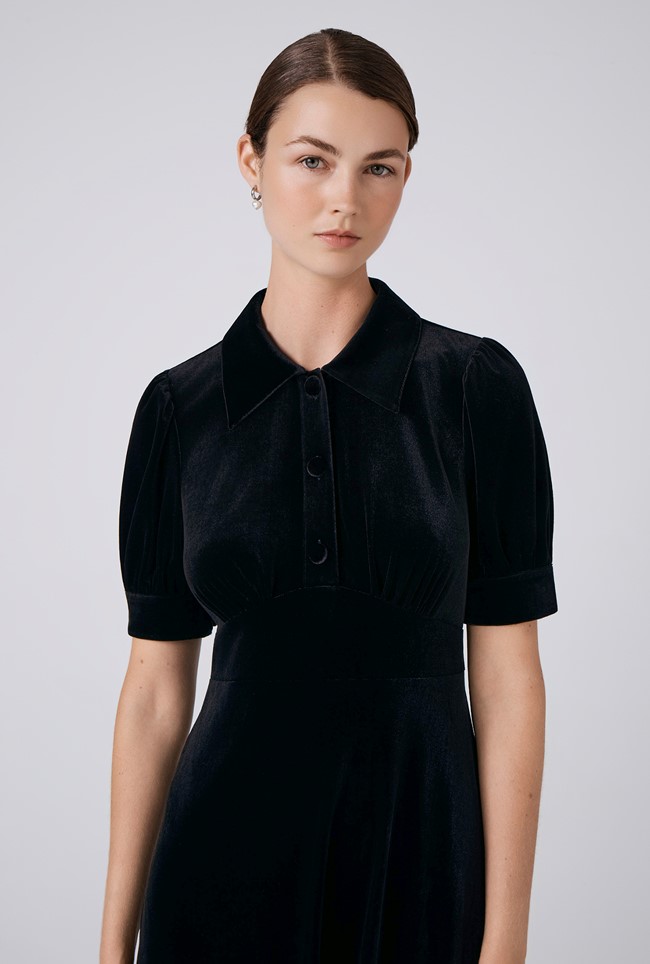 Wilma Velvet Collared Neck Midi Tea Dress