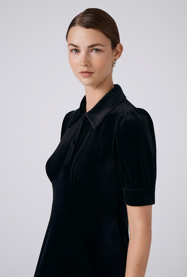 Wilma Velvet Collared Neck Midi Tea Dress