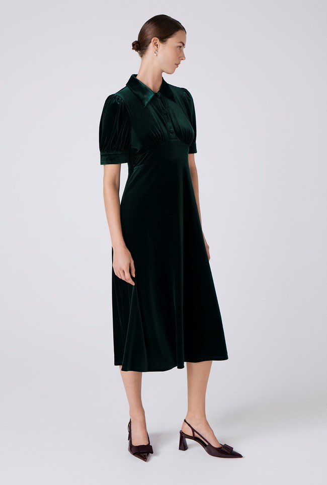 Wilma Velvet Collared Neck Midi Tea Dress