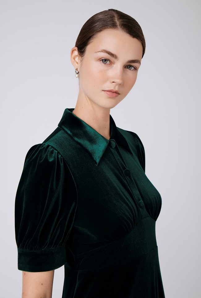 Wilma Velvet Collared Neck Midi Tea Dress